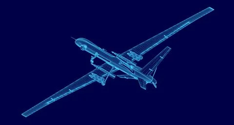 Blue image of a drone. The image is blurry and pixelated, giving it a futuristic Stock Illustration