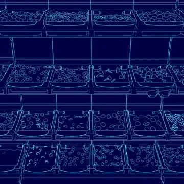 Blue image of a grocery store with many different food items on display. The Stock Illustration