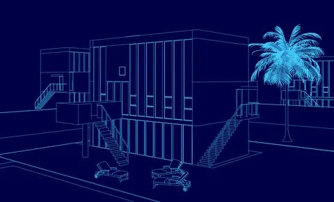 Blue image of a house with a palm tree in front of it. The house is a modern Ilustración de archivo
