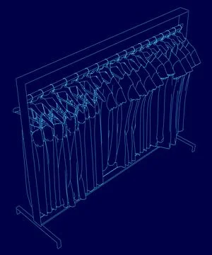 Blue image of a mannequin with a rack of clothes hanging from it. The clothes Stock Illustration