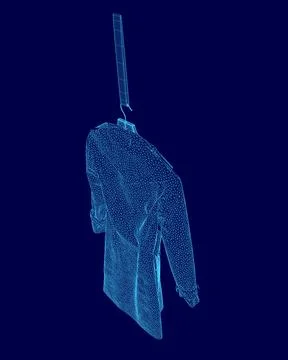 Blue image of a man's jacket hanging from a hook. The jacket is hanging upside Stock Illustration