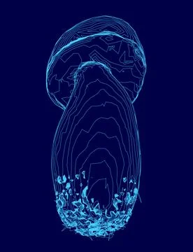 Blue image of a mushroom with a blue stem. The mushroom is surrounded by a blue Illustrazione stock