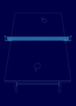 Blue image of a ping pong table with a net. The table is empty and the net is in Stock Illustration