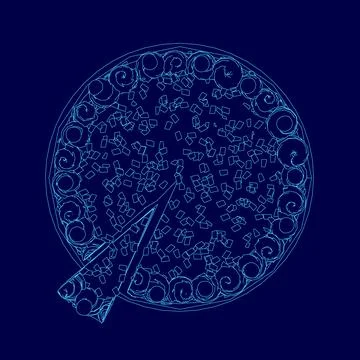 Blue image of a pizza with a slice missing. The pizza is cut into pieces and the Stock Illustration