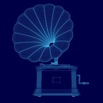 Blue image of a record player. The record player is a vintage model and is イラスト素材