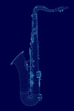 Blue image of a saxophone. The image is a stylized drawing of a saxophone, with Stock Illustration