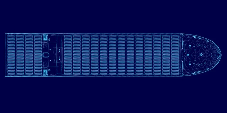 Blue image of a ship with a blue background. The ship is shown in a very Stock Illustration