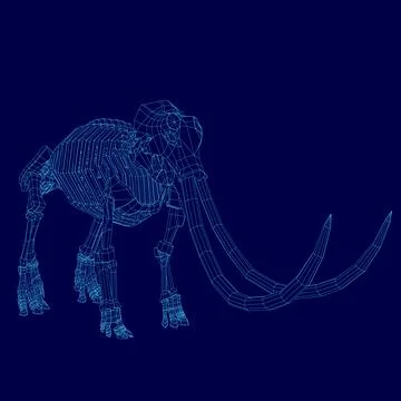 Blue image of a skeleton elephant with its tusks showing. The image is a digital Illustrazione stock