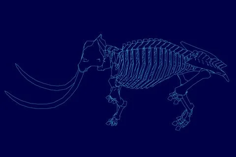 Blue image of a skeleton elephant with a long tusk. The skeleton is shown in a Stock Illustration