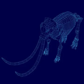 Blue image of a skeleton with a long tusk. The image is of a large animal, Illustrazione stock