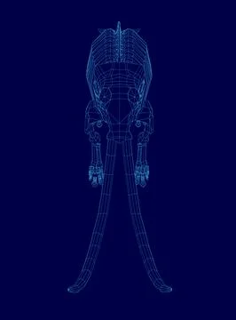 Blue image of a skeletonized dinosaur with a long tusk. The image is a digital Illustrazione stock