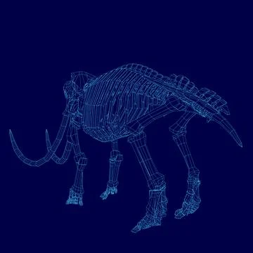 Blue image of a skeletonized elephant. The skeleton is shown in a very detailed Stock Illustration