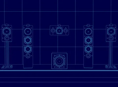 Blue image of a speaker system. The speakers are arranged in a row, with the Stock Illustration