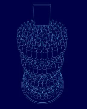 Blue image of a stack of wine bottles. The image is a 3D rendering of a wine Stock Illustration