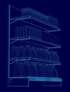 Blue image of a store shelf with many books on it. The shelf is divided into Stock Illustration
