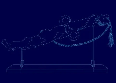 Blue image of a sword with a chain around it. The sword is on a stand and the Stock Illustration
