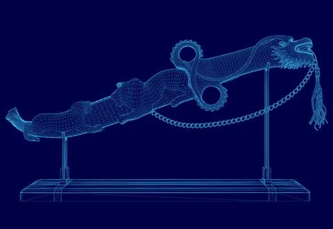 Blue image of a sword with a chain around it. The sword is on a stand and the Illustrazione stock