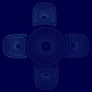Blue image of a table with four chairs around it. The chairs are all different Stock Illustration