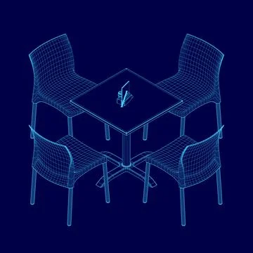 Blue image of a table with four chairs around it. The chairs are all different Stock Illustration