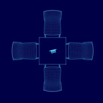 Blue image of a table with four chairs around it. The chairs are all different Stock Illustration