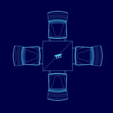 Blue image of a table with four chairs around it. The chairs are arranged in a Stock Illustration