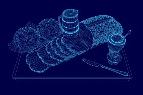 Blue image of a table with a knife and a spoon, and a plate of bread and other Stockillustratie