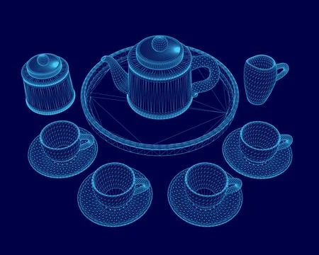 Blue image of a table with a teapot and cups. The cups are arranged in a circle Illustrazione stock