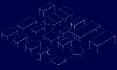 Blue image of tables. The image is a computer generated drawing of tables. Stock Illustration