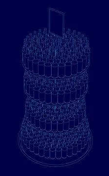 Blue image of a tall stack of bottles. The bottles are stacked on top of each Illustrazione stock