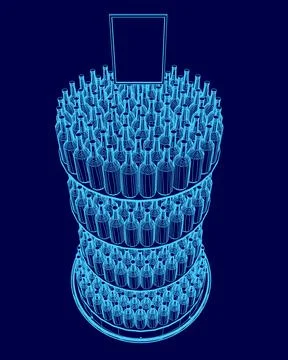 Blue image of a tall stack of wine bottles. The image is of a wine rack with Stockillustratie