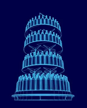 Blue image of a tall stack of wine bottles. The image is in blue and has a very Stock Illustration