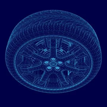 Blue image of a tire with a blue background. The tire is shown in a 3D, giving Stock Illustration