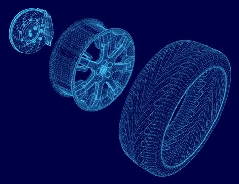 Blue image of a tire with a blue background. The tire is shown in different Stock Illustration