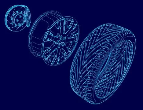 Blue image of a tire with a blue background. The tire is shown in different Stock Illustration