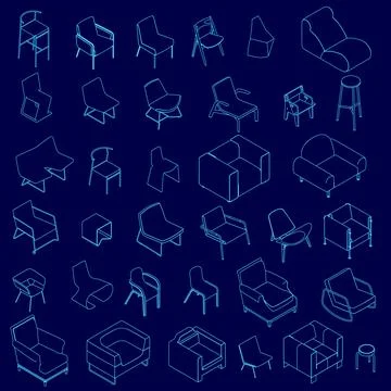 Blue image of various chairs and couches. The chairs are all different shapes Stock Illustration