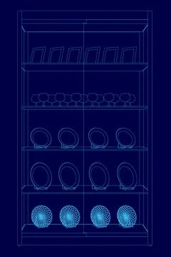 Blue image of a wine rack with a clock on the top shelf. The wine rack is full Stock Illustration