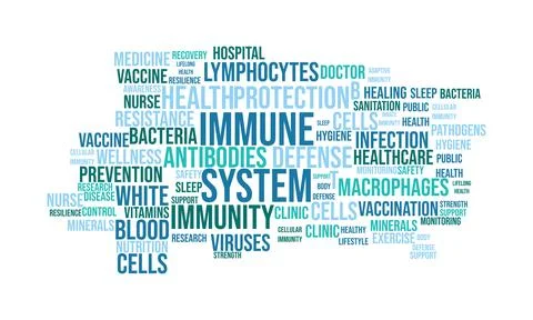 Blue immune system word cloud design emphasizing infection defense, antibod.. Stock Illustration