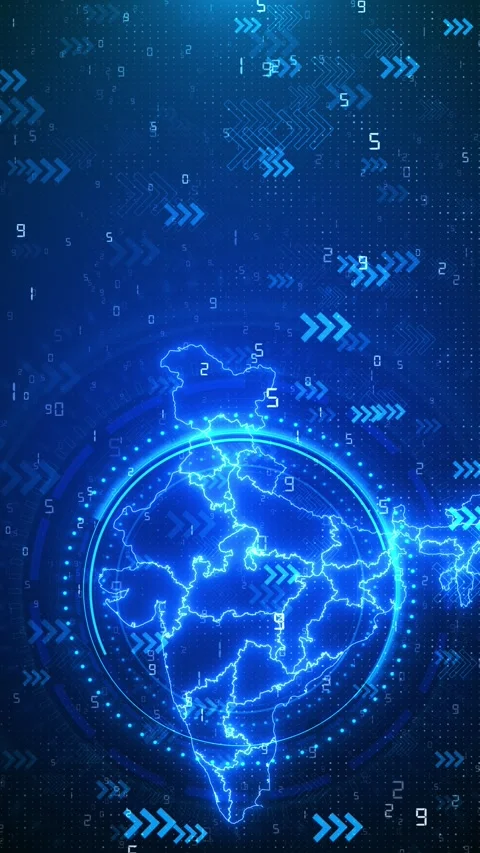 Blue India data interface with bright map border, arrow icons, dotted pattern, Stock Footage 334124487