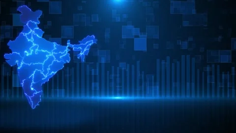 Blue India technology map with glowing state borders, vertical data bars Stock Footage 333858550