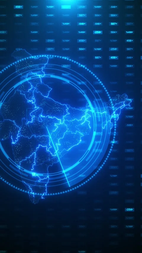 Blue Indian data protection visual with map shield, HUD circles, glowing borders Stock Footage 333858704