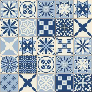 Blue indigo flower pattern on ceramic tiles, vector illustration for design イラスト素材