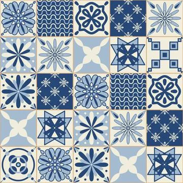 Blue indigo flower pattern on ceramic tiles, vector illustration for design Illustration