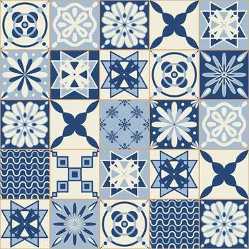 Blue indigo flower pattern on ceramic tiles, illustration for design Illustrazione stock