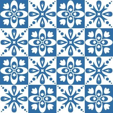 Blue indigo square pattern Azulejo tiles for interior retro vintage design ve Stock Illustration