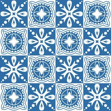 Blue indigo square pattern Azulejo tiles for interior decoration, vector Illu Illustrazione stock