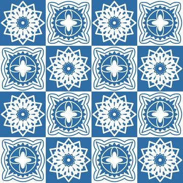 Blue indigo square pattern Azulejo tiles for interior decoration, traditional Illustrazione stock