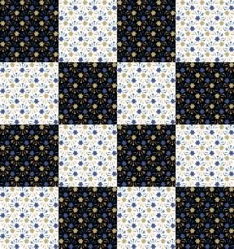 Blue indigo tiny daisy meadow patchwork seamless pattern. Retro seventies style 库存插图