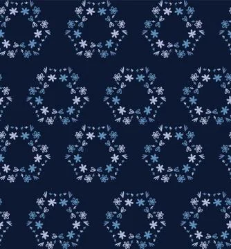 Blue indigo tiny daisy wreath seamless pattern . Dark moody dyed winter floral Stock Illustration