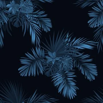 Blue indigo tropical pattern with jungle plants. Seamless tropical fabric design Stock Illustration