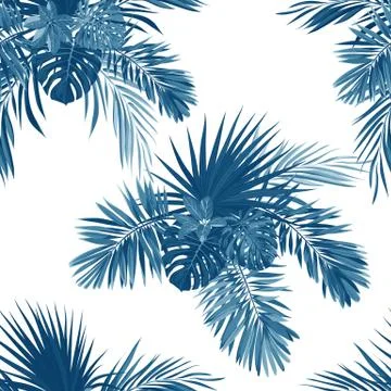 Blue indigo tropical pattern with jungle plants. Seamless tropical fabric design 库存插图